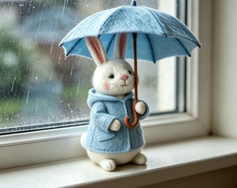 Wool Felt Rabbit Doll with Umbrella: Handmade Home Decor Companion
