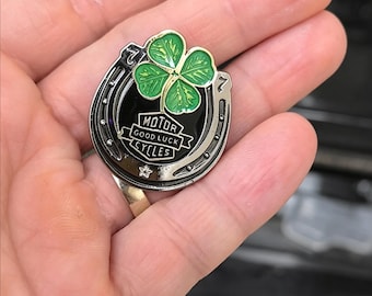 Lucky Horseshoe Four Leaf Clover Enamel Pin Vintage American Biker Metal Brooch