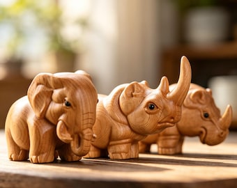 Thuja Wood African Three Treasures Handcarved Mini Animal Figurines Pocket Worry Desktop Home Gift