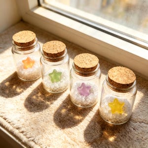 May include: Four small glass jars with cork stoppers, each containing a colorful star-shaped object and white granules. The stars are orange, green, purple, and yellow. The jars are arranged on a light-colored surface near a window.