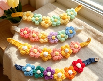 Knitted Cotton Pet Collar Flower Design Button Closure