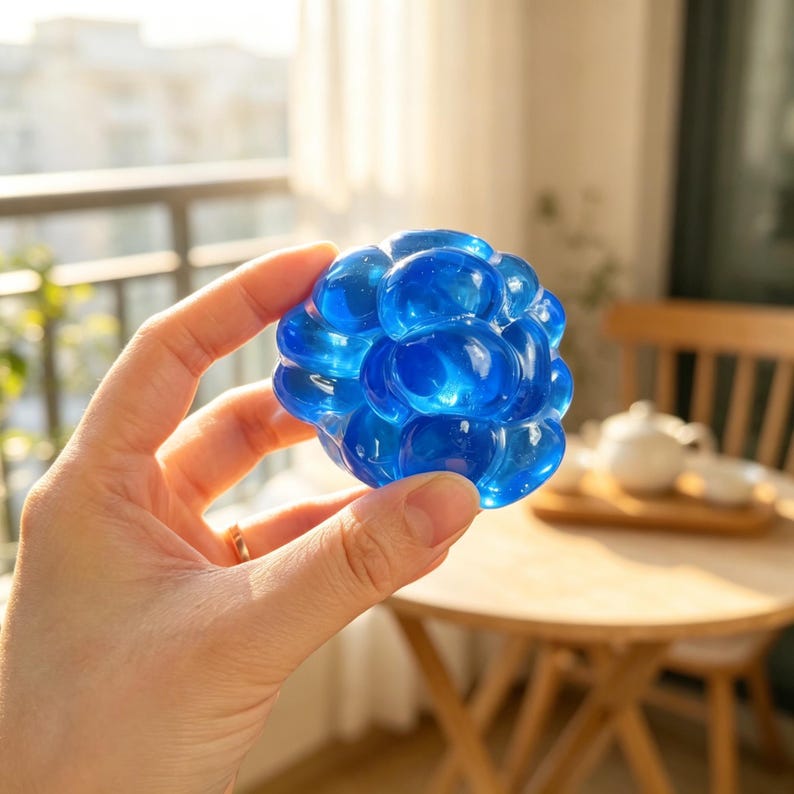 May include: A vibrant blue, spherical object composed of numerous rounded, translucent segments. The object is held in a hand, with a blurred background suggesting a domestic setting. The overall appearance is smooth and glossy.