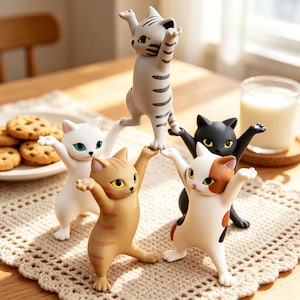 May include: A collection of cat figurines in various colors, including white, gray, orange, black, and calico. Each cat is posed with its arms raised, creating a playful and whimsical display. The figurines are on a table with cookies and a glass of milk.
