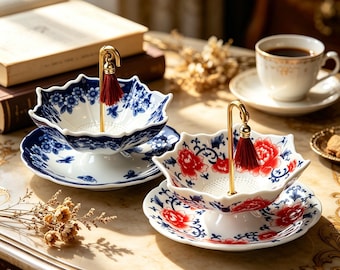 Blue and White Porcelain Umbrella Tea Strainer, Ceramic Tea Filter with Copper Handle