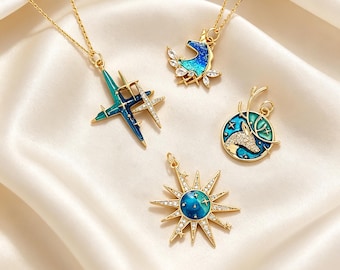 Blue Starry Enamel Charm Necklace Pendant Gold Plated