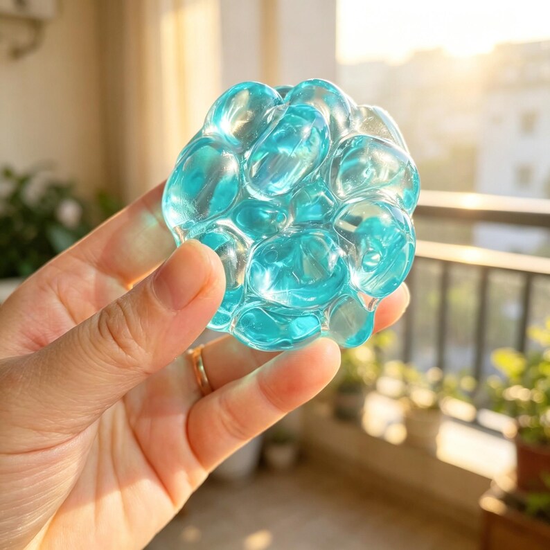 May include: A cluster of clear, blue-tinted glass or resin bubbles. The object is held in a hand, with sunlight illuminating the transparent material. The bubbles are clustered together, creating a unique, organic shape.