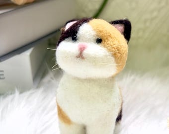 Handmade Calico Cat Felt Plush, Wool Desk Companion, Cat Lover Gift