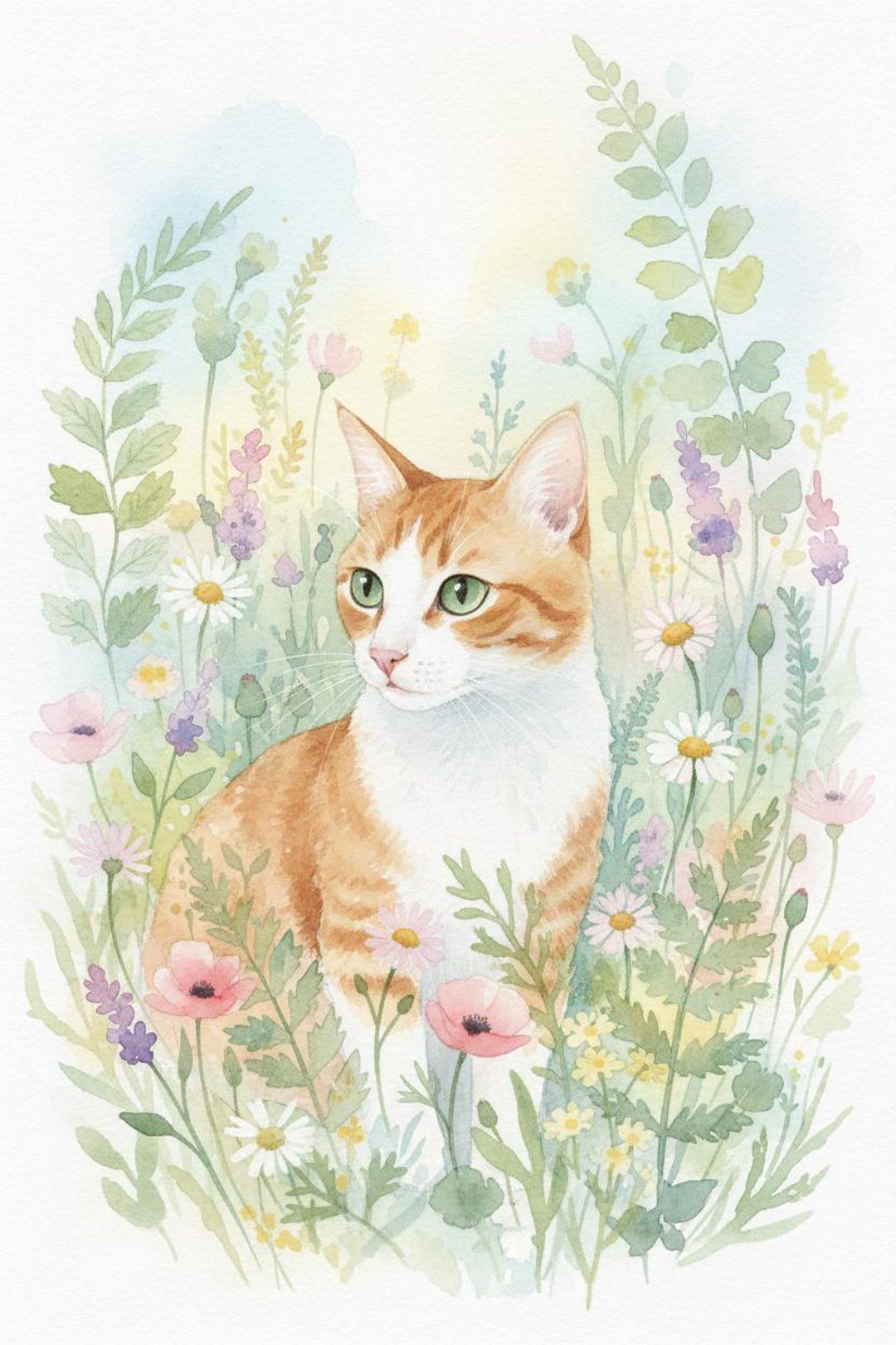 Watercolor Cat Botanical Print Floral Cat Wall Art Wildflower Cat Decor ...