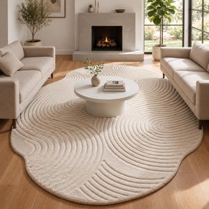 Oval Japandi Zen Garden Area Rug | Beige Topographic 3D Carved Hand-Tufted Wool Carpet | High Cut Pile & Loop Texture | 8x10, 9x12