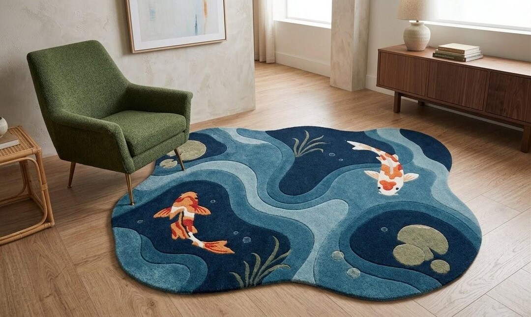 Hand Tufted Wool Rug Koi Fish Area Rug, Abstract Pond Design, Blue Wool ...