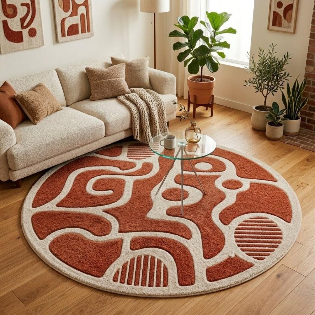 Round Abstract Rug, Curved Pattern Wool Rug, Terracotta Cream Hand ...