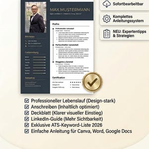 Peut inclure: Un modèle de CV avec le nom "Max Mustermann" est affiché. Le modèle comprend des sections pour l'expérience professionnelle, l'éducation et les certifications. L'image contient également du texte en allemand, dont la phrase "Ihr Erfolgs-System für Deutschland."