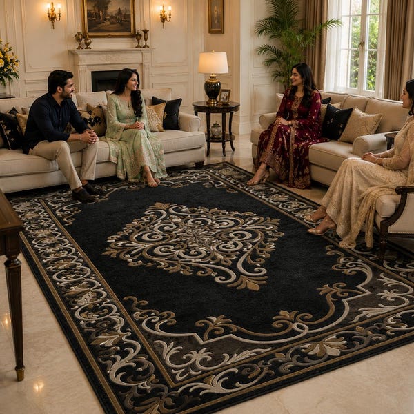 Hand Tufted Wool Rug, Persian Style Ornate Medallion Carpet, Black Living Room Floor Rug