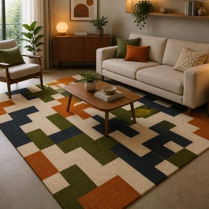 Modern Geometric Hand Tufted Rug, Abstract Block Pattern Rug, Green Rust Beige Area Rug, Mid Century Modern Living Room Rug