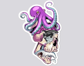 Ocean Skull Collectible Sticker (2 Sizes), Octopus Skull Vinyl Sticker - Hashed Skull 0081