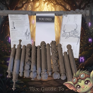 May include: A collection of eleven grey, cylindrical wands with varied textures and carved details, displayed beneath three hanging scrolls. The centre scroll features the text "YOU DIED," while the side scrolls display technical diagrams and text.
