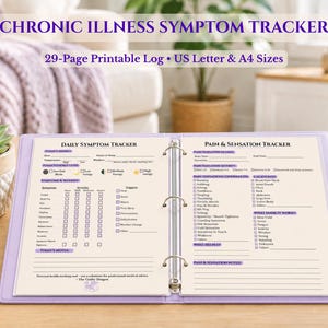 May include: A 29-page printable chronic illness symptom tracker in a light purple three-ring binder. The open pages feature sections for daily symptom tracking, energy levels, pain sensations, triggers, and notes, formatted for US Letter and A4 sizes.