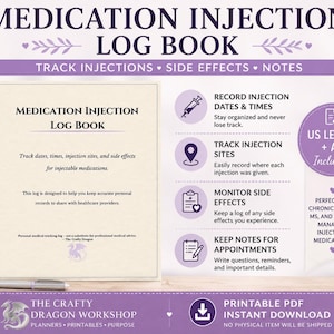 Registro de inyecciones de medicamentos / Planificador de salud (tamaño carta estadounidense, PDF A4)