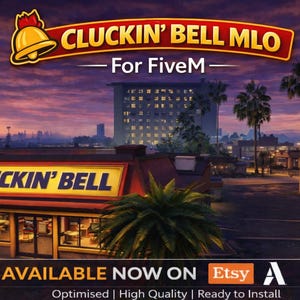Könnte beinhalten: Ein Bild eines Cluckin' Bell Restaurants mit dem Text "CLUCKIN' BELL MLO For FiveM" oben. Das Restaurantschild lautet "CLUCKIN' BELL". Das Bild enthält auch den Text "AVAILABLE NOW ON Etsy". Der Hintergrund zeigt eine Skyline bei Sonnenuntergang.