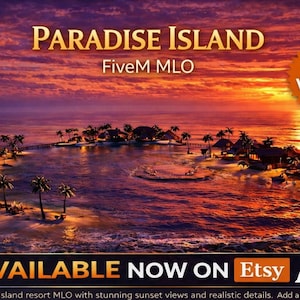 Puede incluir: Imagen digital de un resort en una isla tropical al atardecer. Las palabras "Paradise Island" se muestran en letras doradas. La imagen también incluye el texto "FiveM MLO" y "AVAILABLE NOW ON Etsy A". Una insignia de "BEST VALUE!" está en la esquina superior derecha.
