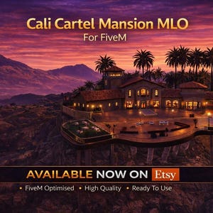 Può includere: Immagine di una villa al tramonto, con il testo "Cali Cartel Mansion MLO For FiveM" e "AVAILABLE NOW ON Etsy". La villa è su una scogliera con palme. Il cielo è un mix di viola, arancione e rosa.