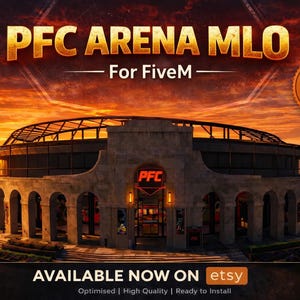 May include: Digital rendering of a large arena with the text "PFC ARENA MLO For FiveM" in gold lettering against a sunset sky. The arena has a stone facade, arched entrances, and a "Best Value" badge.