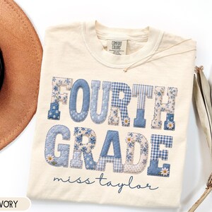 Comfort Colors® Personalized Fourth Grade Teacher Shirt, Blue Floral Faux Patchwork Tee, Custom Name, Back to School Matching Teacher Gift
