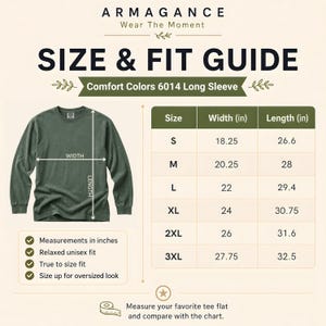 Comfort Colors 6014 long sleeve size and fit guide card with width and length measurements in inches, relaxed unisex fit, true to size, size up for oversized look, moss long sleeve diagram, beige background, measuring guidance for best fit.