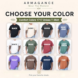 Choose your color card showing Comfort Colors t-shirt shades including black, ivory, pepper, blue jean, white, moss, crimson, light green, violet, espresso, midnight, and yam, with model thumbnails and shade selection guide for tees.