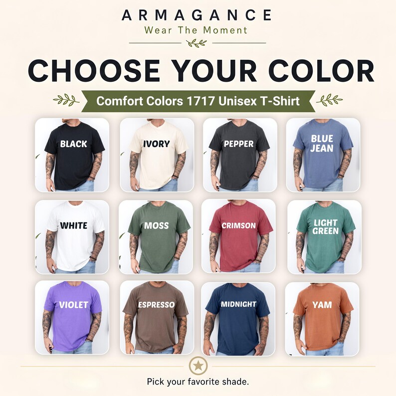 Choose your color card showing Comfort Colors t-shirt shades including black, ivory, pepper, blue jean, white, moss, crimson, light green, violet, espresso, midnight, and yam, with model thumbnails and shade selection guide for tees.