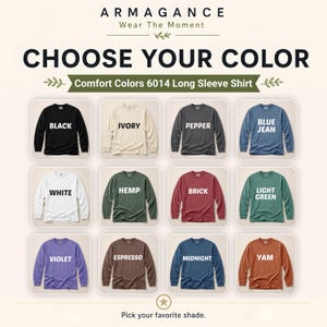 Choose your color card showing Comfort Colors long sleeve shades including black, ivory, pepper, blue jean, white, hemp, brick, light green, violet, espresso, midnight, and yam, folded flat lay, beige background, shade selection guide.
