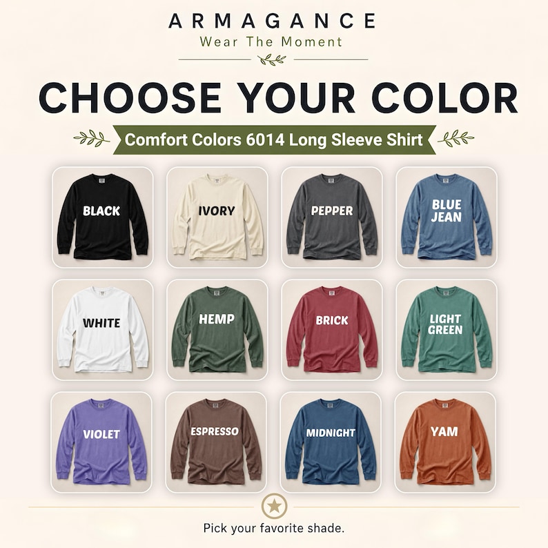 Choose your color card showing Comfort Colors long sleeve shades including black, ivory, pepper, blue jean, white, hemp, brick, light green, violet, espresso, midnight, and yam, folded flat lay, beige background, shade selection guide.