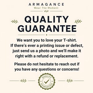 Quality guarantee card with bold satisfaction message, refund or replacement support for printing issues or defects, green check badge, beige background, leaf accents, and friendly service details for custom t-shirts and personalized gift buyers too.