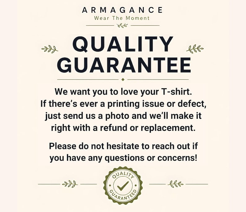 Quality guarantee card with bold satisfaction message, refund or replacement support for printing issues or defects, green check badge, beige background, leaf accents, and friendly service details for custom t-shirts and personalized gift buyers too.