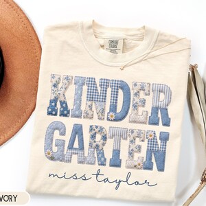 Comfort Colors® Personalized Kindergarten Teacher Shirt, Blue Floral Faux Patchwork Tee, Custom Name, Kinder Back to School Matching Team