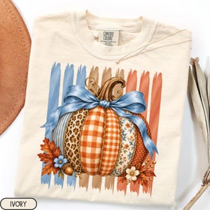 Comfort Colors® Preppy Coquette Pumpkin Shirt, Blue Bow Floral Plaid Fall Graphic Tee, Patchwork Autumn T-Shirt, Thanksgiving Gift for Her