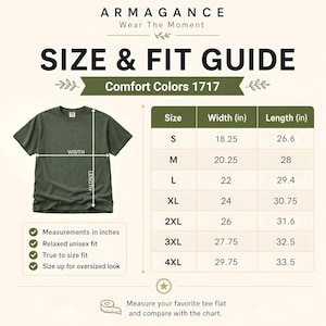 Comfort Colors 1717 size and fit guide card with width and length measurements in inches, relaxed unisex fit notes, true to size guidance, size up for oversized look tip, moss tee diagram, beige background and measuring instructions for best tee fit.