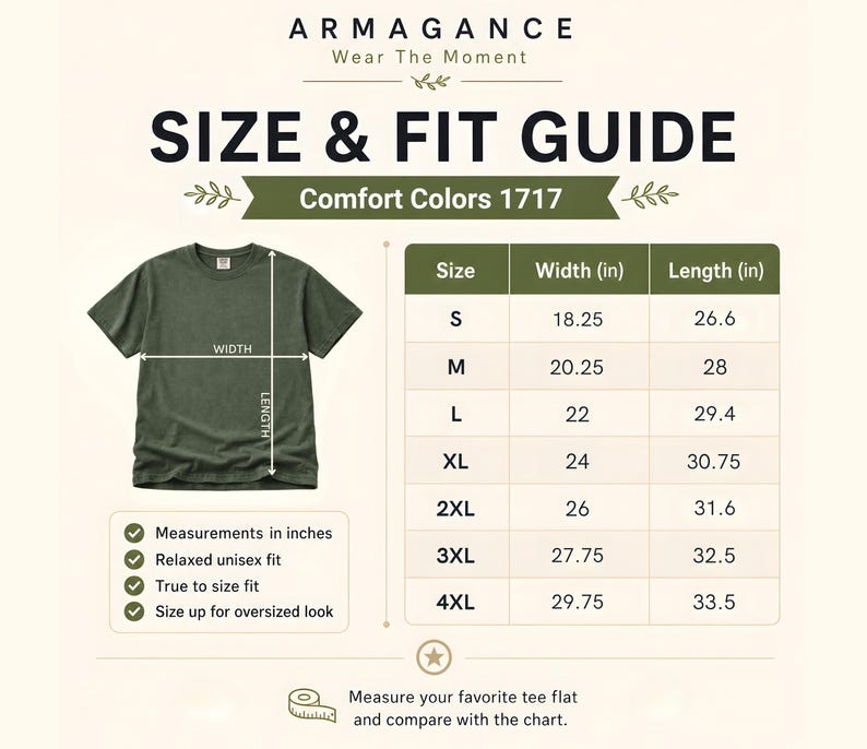 Comfort Colors 1717 size and fit guide card with width and length measurements in inches, relaxed unisex fit notes, true to size guidance, size up for oversized look tip, moss tee diagram, beige background and measuring instructions for best tee fit.