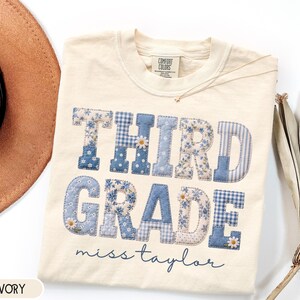 Comfort Colors® Personalized Third Grade Teacher Shirt, Gingham Daisy Faux Patchwork Tee, Custom Name, Back to School Matching Team Gift