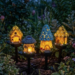 Solar Fairy House Garden Lights - Miniature Cottages LED Outdoor Decor - Magical Yard Stake Lamp Set - Whimsical Garden Gift