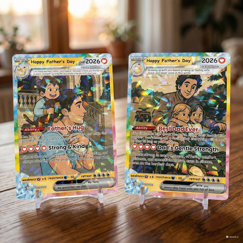 Peut inclure: Deux cartes d&eacute;coratives avec le texte "Happy Father's Day 2026" et des illustrations de p&egrave;res avec leurs enfants. Une carte indique "Father's Hug" et l'autre "Best Dad Ever". Les cartes sont expos&eacute;es sur des supports transparents.