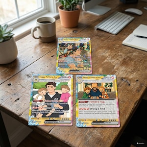 Peut inclure: Trois cartes &agrave; collectionner avec le texte "Happy Father's Day 2026" et des illustrations de p&egrave;res et d'enfants. Les cartes pr&eacute;sentent les phrases "Father's Hug" et "Strong & Kind". Les cartes sont sur une table en bois.