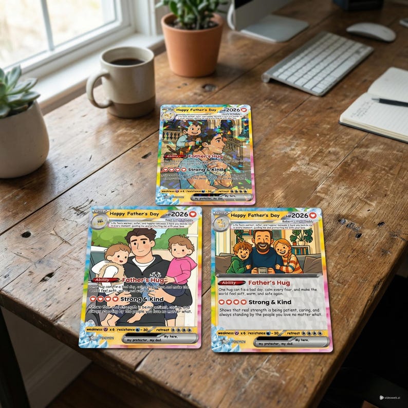 Peut inclure: Trois cartes &agrave; collectionner avec le texte "Happy Father's Day 2026" et des illustrations de p&egrave;res et d'enfants. Les cartes pr&eacute;sentent les phrases "Father's Hug" et "Strong & Kind". Les cartes sont sur une table en bois.
