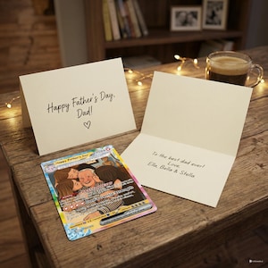 Peut inclure: Une carte de la f&ecirc;te des p&egrave;res avec le message "Happy Father's Day, Dad!" et un symbole de c&oelig;ur. Une carte ouverte indique "To the best dad ever! Love, Ella, Bella & Stella." Une carte personnalis&eacute;e avec un portrait de famille est &eacute;galement pr&eacute;sente.