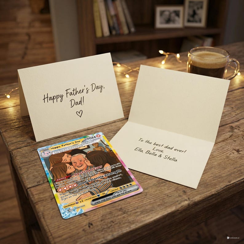 Peut inclure: Une carte de la f&ecirc;te des p&egrave;res avec le message "Happy Father's Day, Dad!" et un symbole de c&oelig;ur. Une carte ouverte indique "To the best dad ever! Love, Ella, Bella & Stella." Une carte personnalis&eacute;e avec un portrait de famille est &eacute;galement pr&eacute;sente.