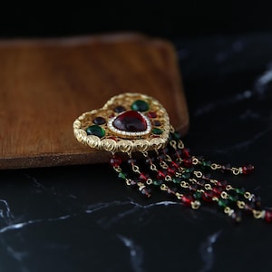 Byzantine Heart Tassel Brooch, Baroque Maximalist Statement Pin, Ruby Red Emerald Filigree Jewellery, Dangle Beaded Accessory