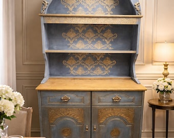 Vintage French Style Hutch | Hand-Painted Blue & Gold Sideboard | Ornate Display Cabinet | Rustic Chic Kitchen Dresser | Statement Furniture