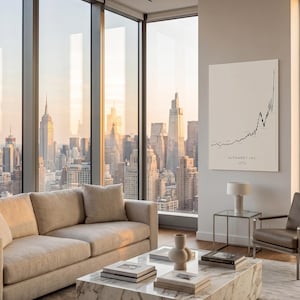 May include: A rectangular white wall art print featuring a black line graph titled ALPHABET INC. with a rising trend line, displayed on a light gray wall in a room with a marble coffee table, beige sofa, and a view of a city skyline.