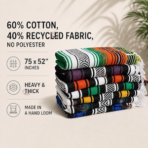 May include: A stack of six folded blankets with fringe, featuring striped patterns in orange, purple, green, yellow, and blue. Text states: 60% cotton, 40% recycled fabric, no polyester, 75 x 52 inches, heavy and thick, made in a hand loom.