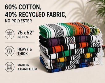 Large Handmade Falsa Blanket – 75" x 52" Soft Cotton Serape Throw Eco-Friendly Mexican Style Baja Blanket